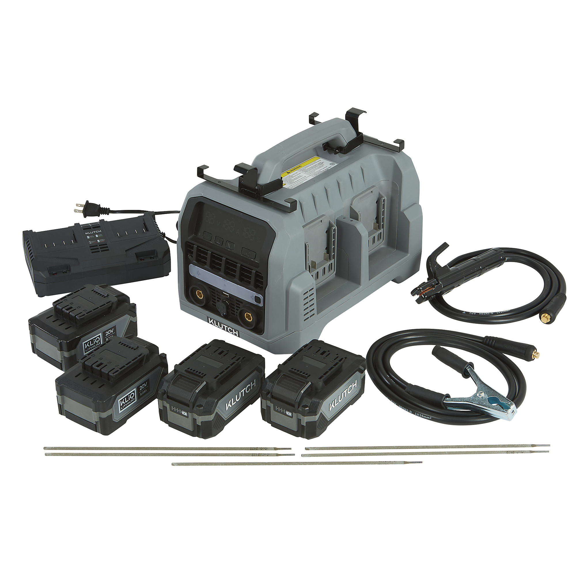 Klutch Cordless Welder Kit, KLiQ 20V, 200 Amps, 4-Pack 8.0Ah Batteries, Dual-Port Charger